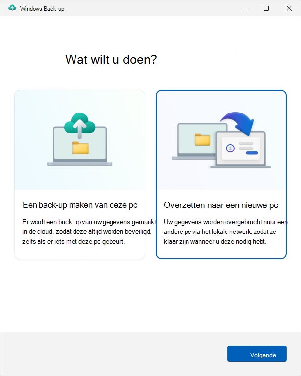 Schermopname van de Windows Back-up-app, met de optie om gegevens over te dragen naar een nieuwe pc.