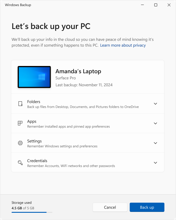 Schermopname van Windows Back-up in Windows 10.