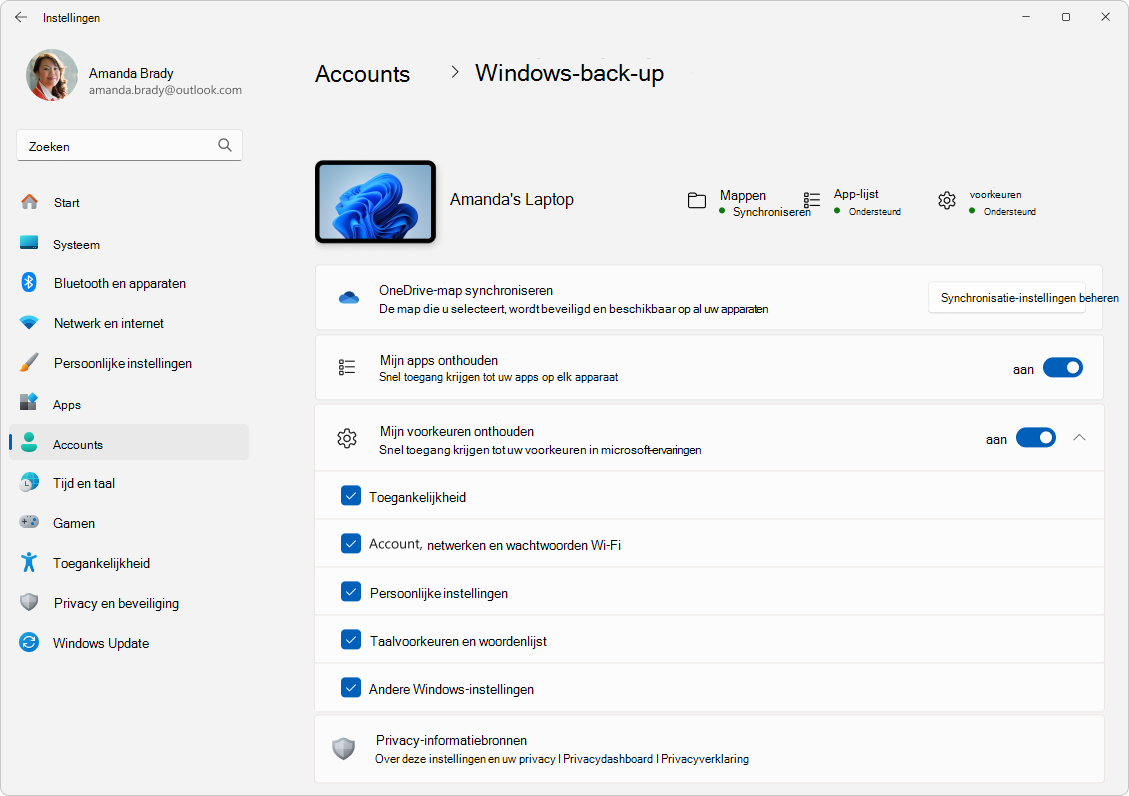 Schermopname van Instellingen > Accounts > Windows-back-up in Windows 11.