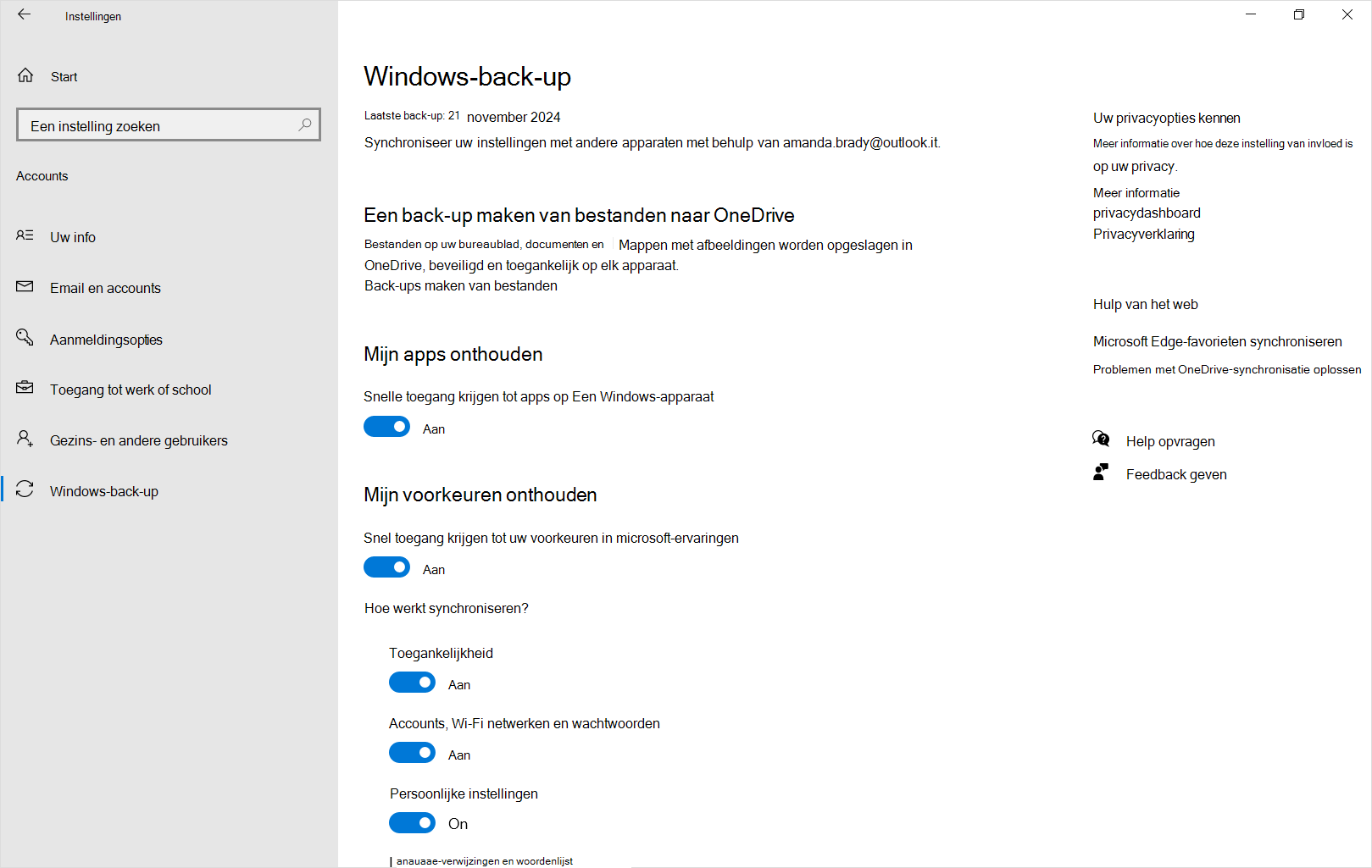 Schermopname van Instellingen Windows-back-up in Windows 10.