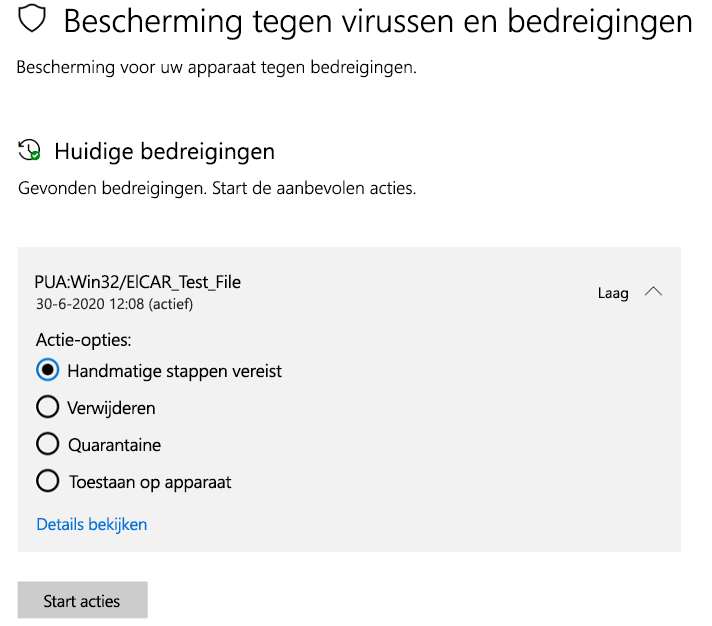 De acties die u kunt ondernemen wanneer Windows-beveiliging een mogelijk ongewenste app heeft gedetecteerd.