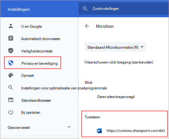 Pagina met instellingen voor microfoonmachtigingen voor Chrome