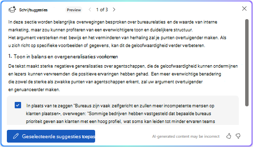 De optie Geselecteerde suggesties toepassen in Copilot in Word