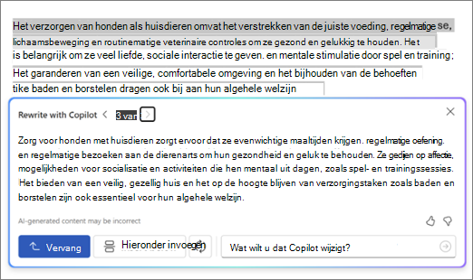 Schermopname van Copilot in Word met suggesties en opties voor herschrijven van tekst