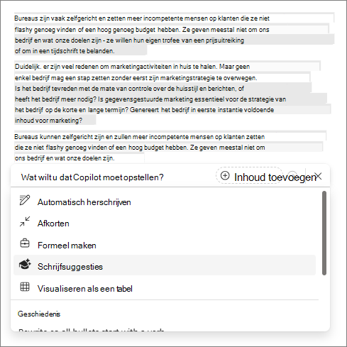 Optie Schrijfsuggesties in Copilot in Word