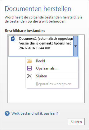 Het venster Documenten herstellen