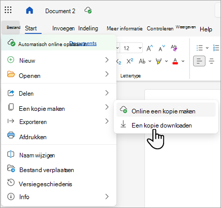 Schermopname van de opdracht Een kopie downloaden in Word voor het web.