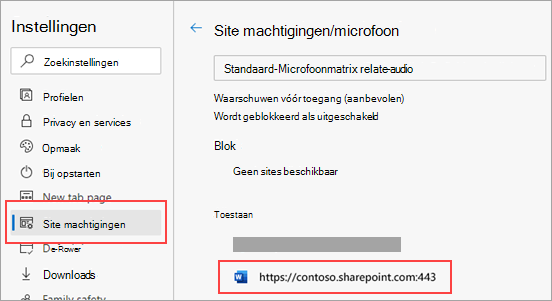 Pagina met instellingen voor microfoonmachtigingen voor Microsoft Edge
