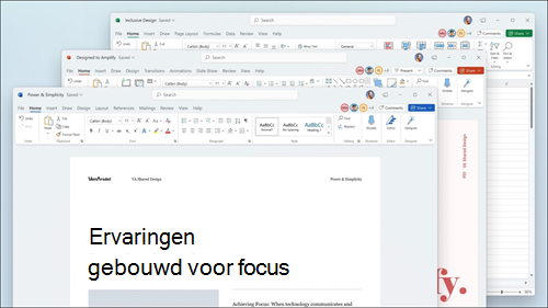 Weergave van Word, Excel en PowerPoint met visuele updates op het lint en afgeronde hoeken die overeenkomen met de Windows 11-gebruikersinterface.