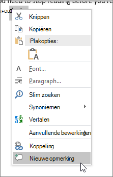 Kies nieuwe opmerking in het snelmenu