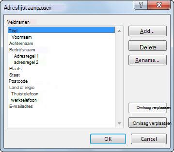 Dialoogvenster Adreslijst aanpassen