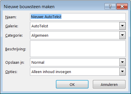 Het dialoogvenster Nieuwe bouwsteen maken