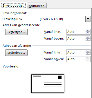 Het tabblad envelopopties voor het instellen van het envelopformaat en lettertypen voor de adressen