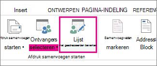 Schermafbeelding van het tabblad Verzendlijsten in Word, met de opdracht Adressenlijst bewerken gemarkeerd.