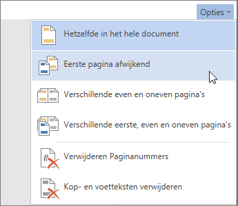 Menu Opties voor koptekst en voettekst in Word Online