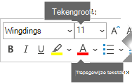 De zwevende werkbalk Opmaak bevat opties voor Tekengrootte en Tekstkleur.