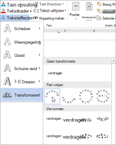 Een teksteffect met gebogen transformatie selecteren