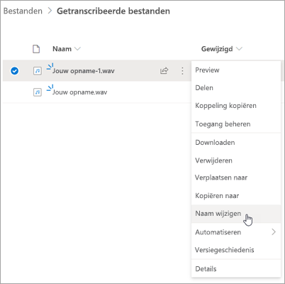 OneDrive-bestandsinterface met opname gemarkeerd en optie Naam wijzigen gemarkeerd in het contextmenu