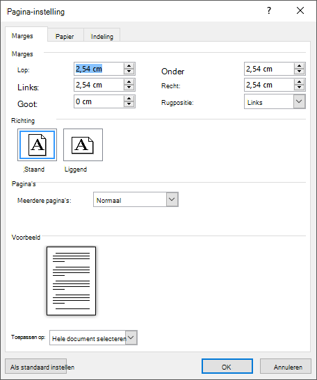 Aangepaste marges instellen op het tabblad Marges van Pagina-instelling
