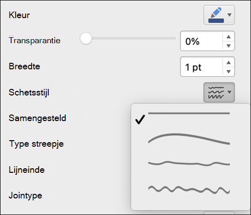 Opties voor lijnopmaak in Mac met de stijl Schetsen geselecteerd