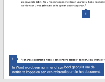 In Word wordt een nummer of symbool gebruikt om de notitie te koppelen aan een verwijzingspunt in het document.