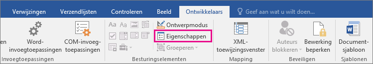 The Properties option is highlighted on the Developer tab.