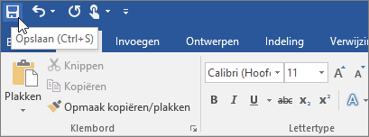 Het pictogram Opslaan wordt weergegeven in de werkbalk Snelle toegang