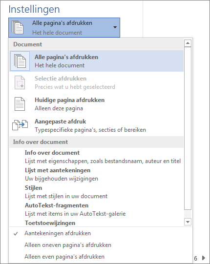 Schermafbeelding van het deelvenster Afdrukken met het menu Alle pagina's afdrukken uitgevouwen zodat aanvullende opties worden getoond.