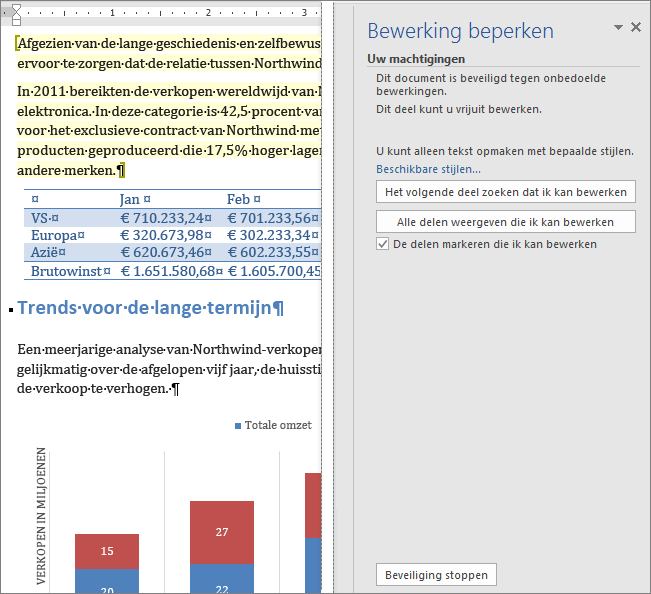 De opties voor bewerken worden weergegeven in het deelvenster Bewerking beperken.
