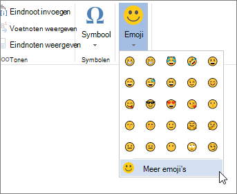 Klik op de knop Meer emoji's op het tabblad Invoegen om een keuze te maken uit alle beschikbare emoji's.