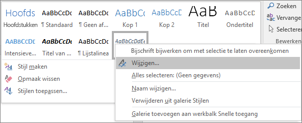 Klik met de rechtermuisknop op de stijl Bijschrift in de galerie Stijlen om de opmaak van uw bijschriften te wijzigen.