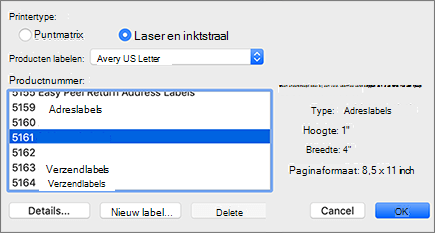 Dialoogvenster Labelopties