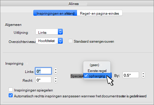 Verkeerd-om inspringing selecteren