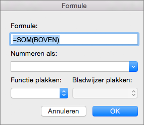 Het formulevak waarin de formule wordt weergegeven die wordt gebruikt om een kolom op te tellen