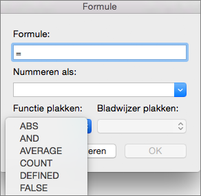 Selecteer in het vak Formule de functie uit de lijst Functie plakken