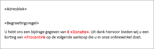 Voorbeelddocument voor Afdruk samenvoegen waar een veld Donatie vooraf wordt gegaan door een dollarteken en een veld Percentage wordt gevolgd door een percentageteken.