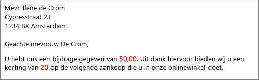 Samenvoegdocument dat uw bijdrage van 50,00 leest en u 20 korting biedt.