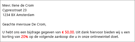 Het document met resultaten van afdruk samenvoegen leest uw bijdrage van $ 50,00 en biedt u een korting van 20%.