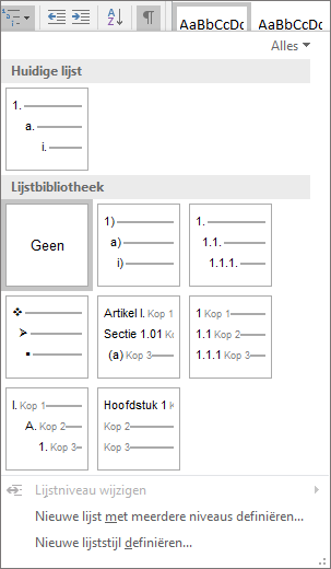 Kies de knop Lijst met meerdere niveaus om nummering toe te voegen aan een ingebouwde kopstijl, zoals Kop 1, in de kop van het document.