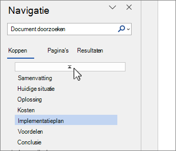 Word navigatiedeelvenster boven aan documentselectie