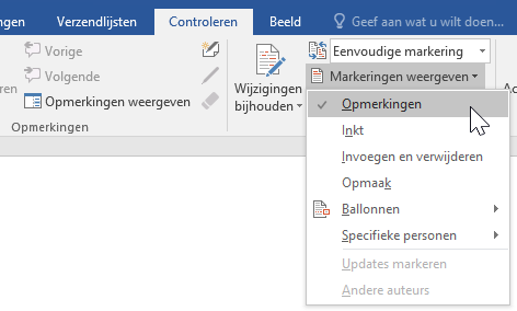 Weergave van opmaakopties op het tabblad Controleren