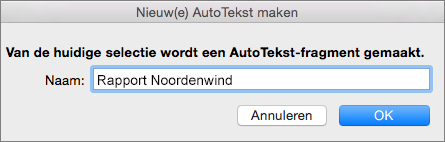 Dialoogvenster voor het maken van nieuwe AutoTekst