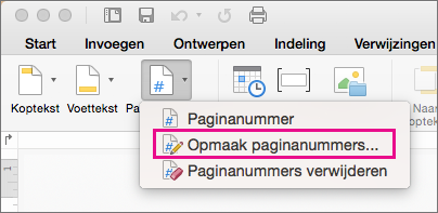 Als u paginanummers wilt opmaken, klikt u op Paginanummer op het tabblad Koptekst & Voettekst en klikt u vervolgens op Paginanummers opmaken.