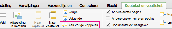 Klik op Aan vorige koppelen om de koppeling van de kop- of voettekst aan die van de vorige sectie aan of uit te zetten.