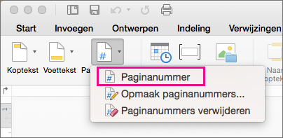 Klik op het tabblad Koptekst & Voettekst op Paginanummer in het menu Paginanummer om een paginanummer toe te voegen.