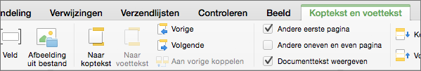 Wanneer u dubbelklikt in een kop- of voettekstgebied, wordt Word het tabblad Koptekst & voettekst weergegeven.