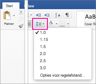Op het tabblad Start is Regelafstand gemarkeerd