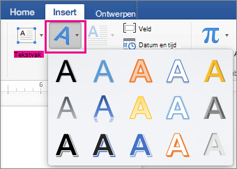 Tabblad Invoegen met de optie WordArt gemarkeerd.