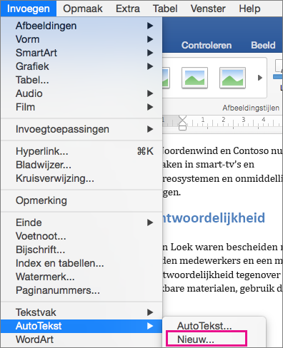Menu Invoegen met AutoTekst > Nieuw is gemarkeerd.