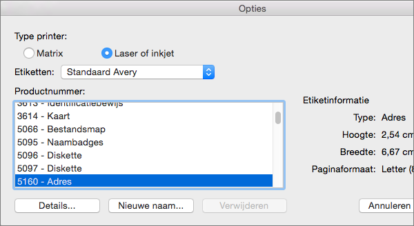 Selecteer een labelmerk en selecteer vervolgens het specifieke productnummer.